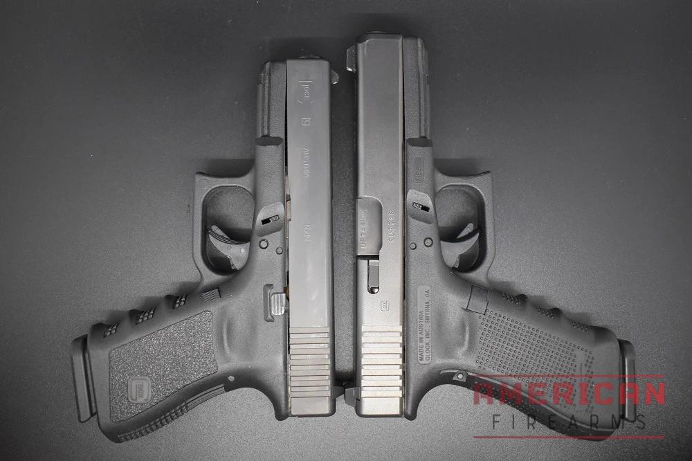 The G17 and G19 side-by-side -- classically blocky Glocks.