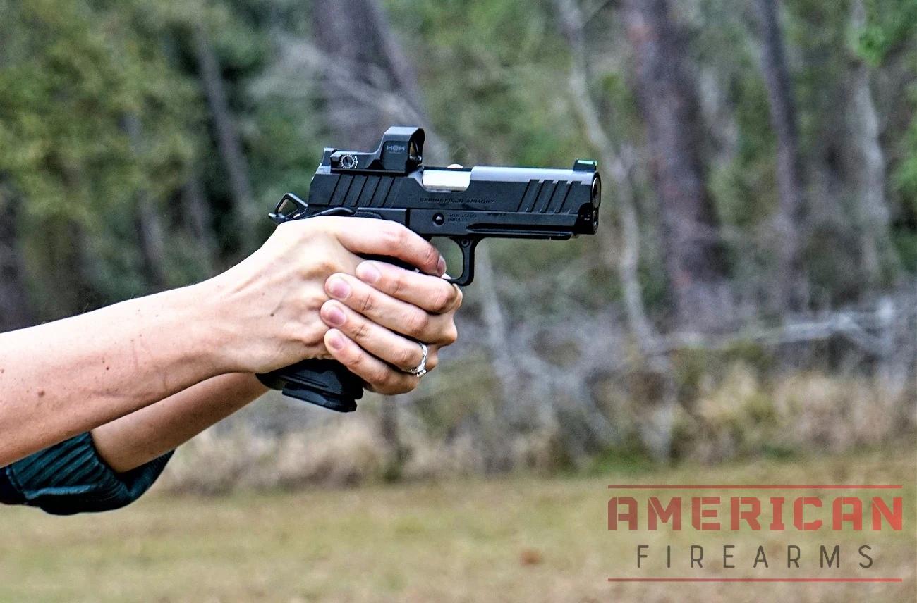 Between its comfortable (albeit oversized) polymer grip and solid trigger, the Prodigy is comfortable in hand.