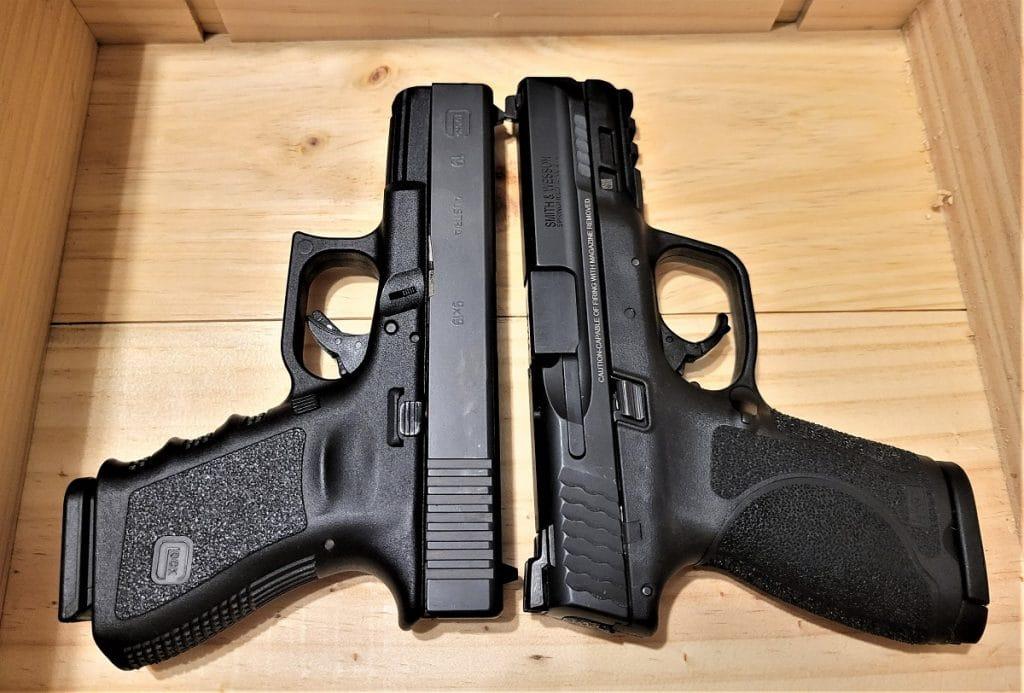 Two of the most popular striker-fired pistols available today, the Glock 19 (left) and S&W M&P 2.0