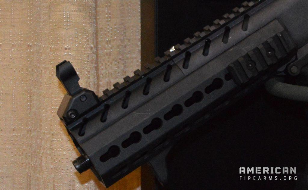 A KeyMod handguard mounted on an AR pistol.