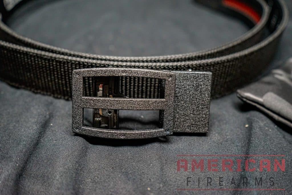 The powder-coated goodness is tough -- I have used this for years and the buckle looks brand new.