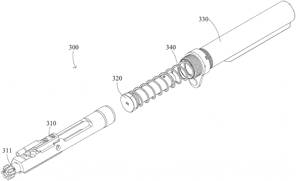 The buffer tube assembly. Here we can see the bolt, bolt carrier group, buffer, action spring, endplate, buffer tube, and castle nut.