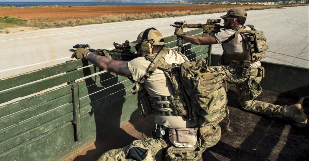 Figure 2. Naval special operators are still photographed with agile Recce style rifles, running 14.5 or 16-inch match barrels with free-floating Picatinny quad rail handguards and tactical optics. This image was taken in Greece during a NATO exercise in 2018. (U.S. Navy Photo)