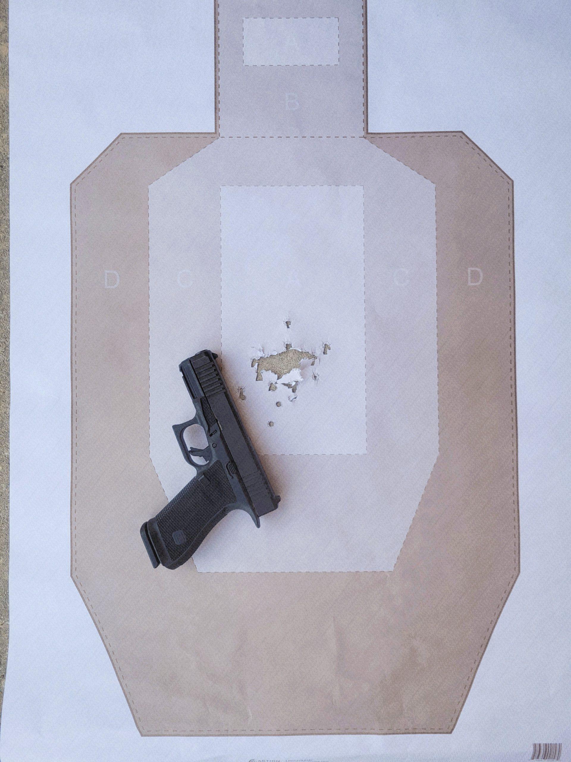 Our 25-yard benchrest groups from four loads — the Federal 124 gr. HST and Black Hills 124 gr. JHP both came in under 2 inches, consistent with the Marksman Barrel's established accuracy standard.