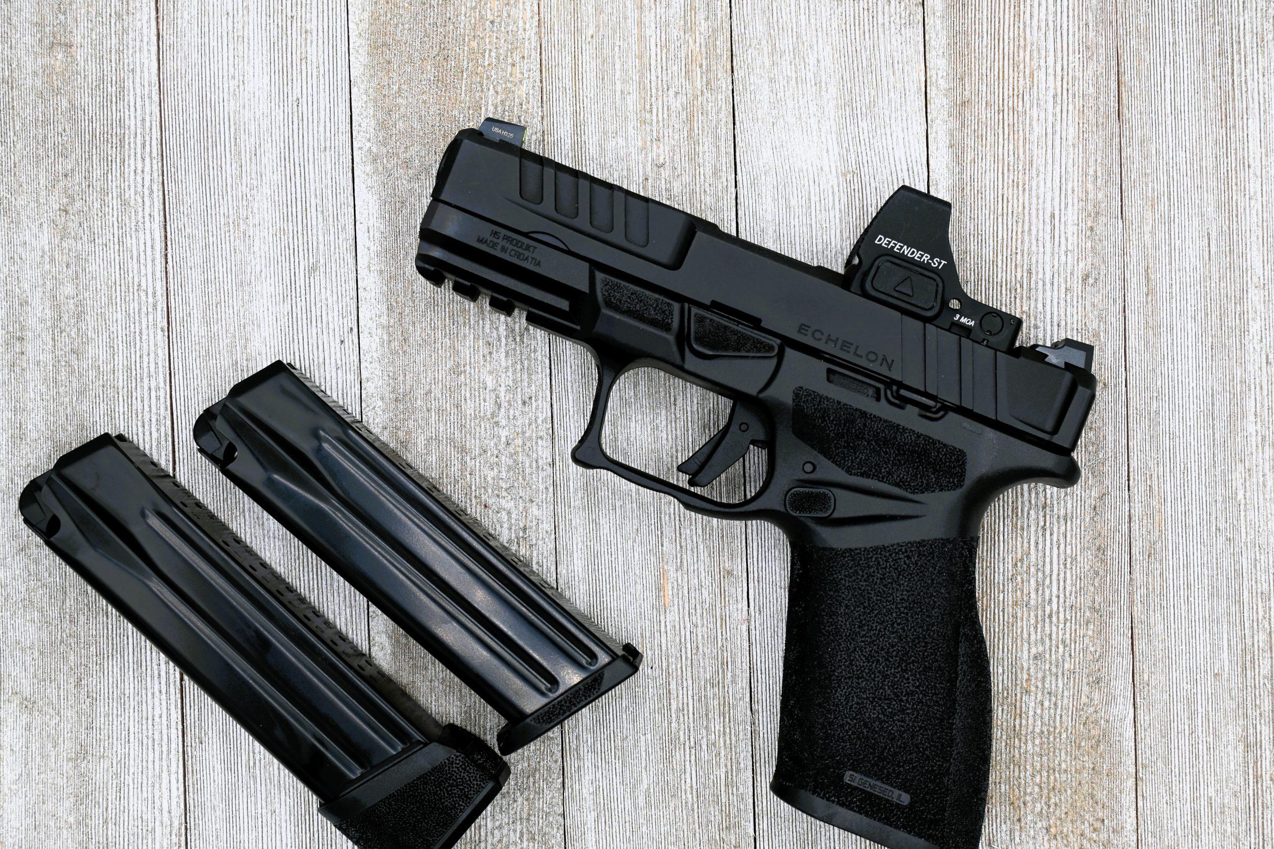 What's in the box — the Echelon ships with two 17-round magazines, small/medium/large backstraps, three VIS pin sets, and adapter plates for ACRO and Docter footprints.