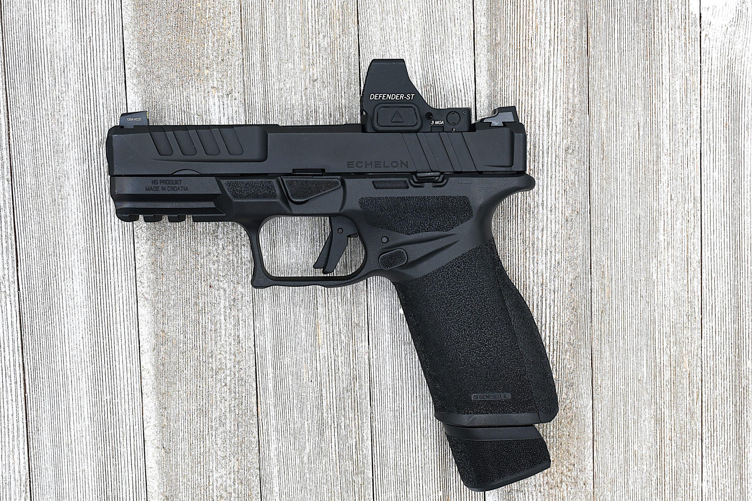 The left side of the Echelon shows its full ambidextrous control suite, including the signature gas pedal takedown lever that doubles as a support-hand thumb shelf.