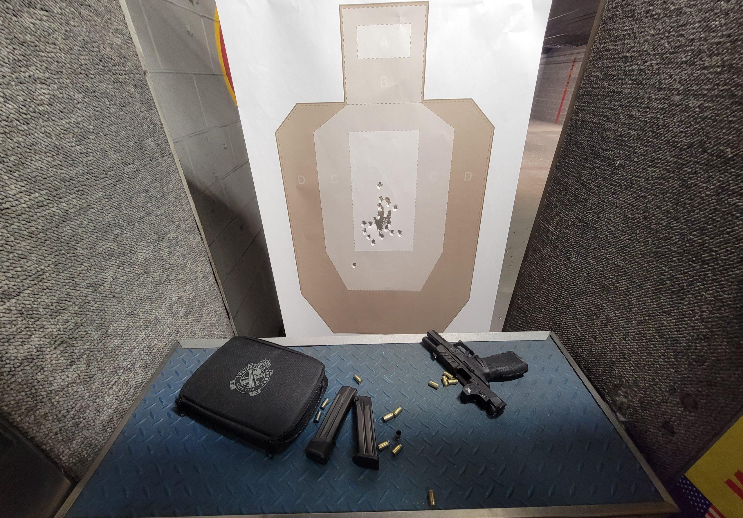 A series of 5-shot groups at 7 yards from the bench with Federal HST 124gr — the Echelon's 2.3-inch average is competitive for a polymer duty pistol in this class.