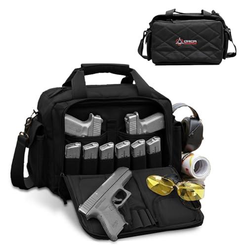 Gun Range Bags for Handguns and Ammo – Tactical Shooting Bag can Fits 3+ Pistols – Compact Gun Carrying Case with Durable Double Stitching Lockable YKK Zippers, Magazine Storage & Shoulder Strap