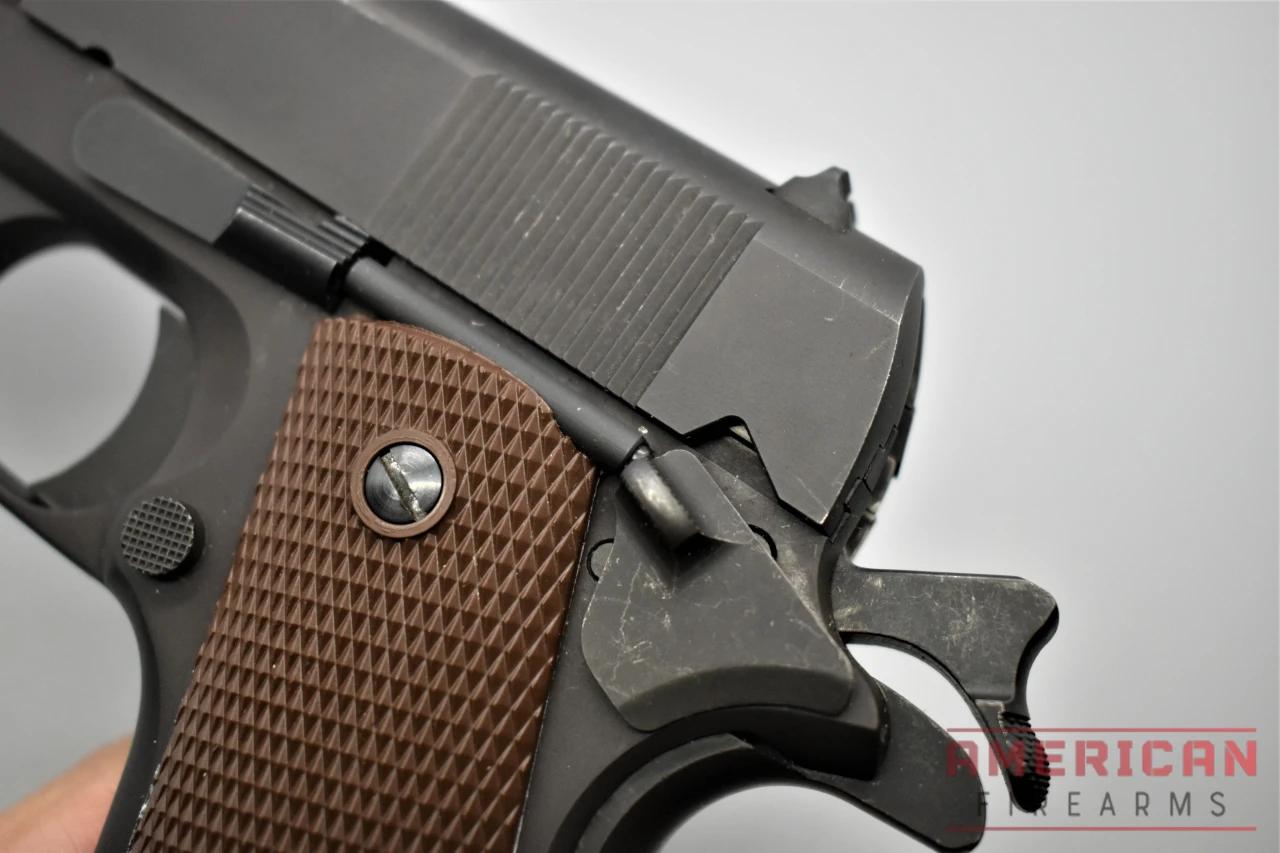 Like your standard Government Issue 1911, the Auto-Ordnance carries a left-side manual thumb safety/slide lock and a rear ambi beavertail grip safety.
