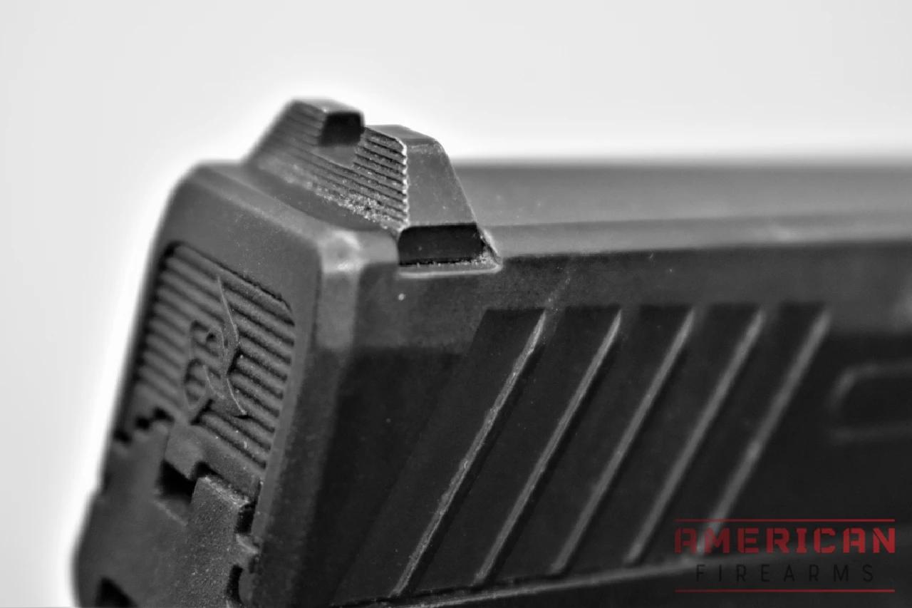 Taurus was smart about using Glock-pattern dovetail/mounts but outfitting the GX4 with steel, rather than plastic, sights. Out back you have a blacked-out drift adjustable sight. You can also get the TORO package, which adds an optics slide cut.