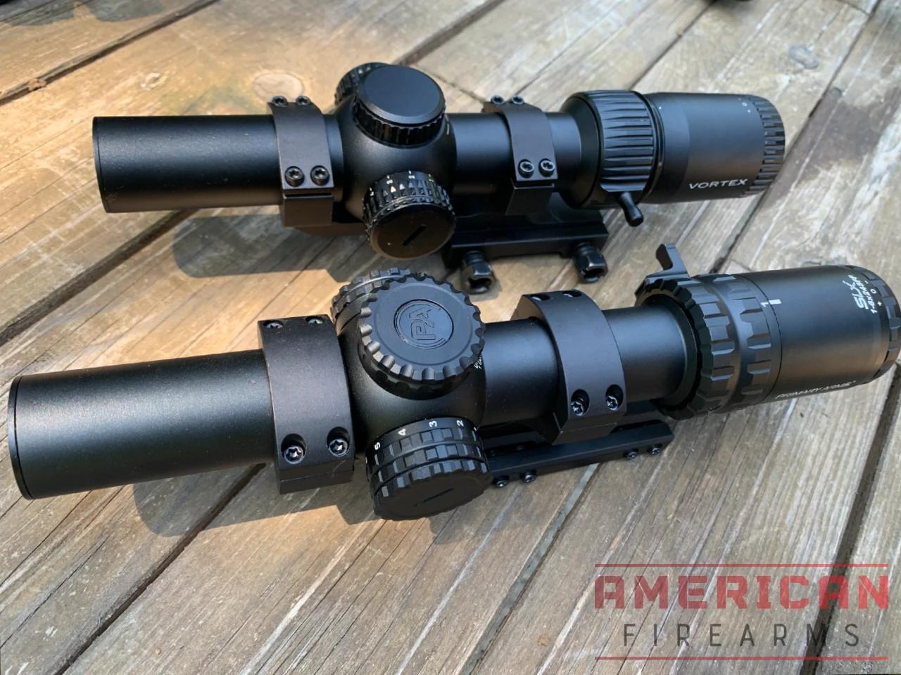 Vortex Strike Eagle compared to the PA SLx 1x6. At 17.6 oz the Strike Eagle is on the lighter side for 1-8x variable scopes.