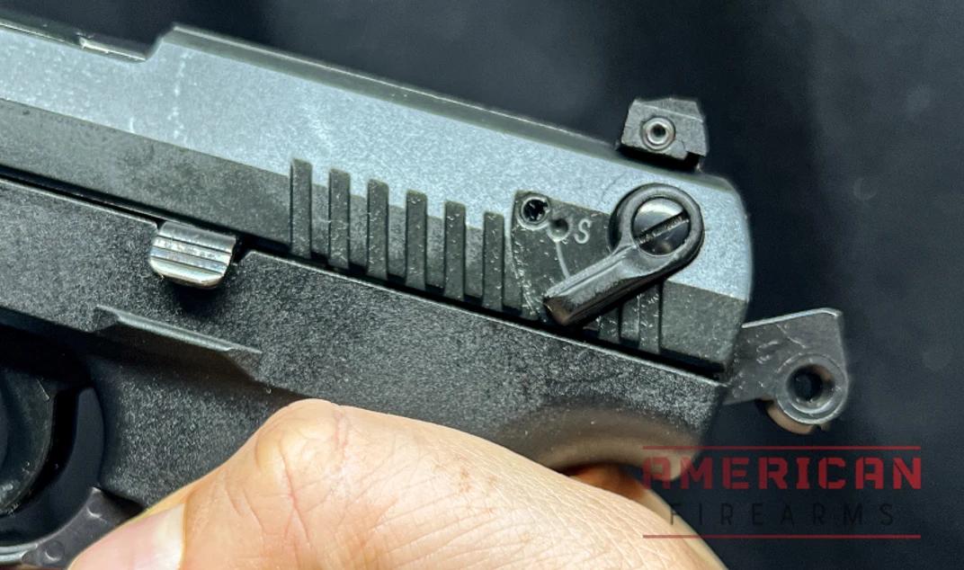 The thumb safety on the Walther is big and easy to activate by sliding your thumb to the rear.