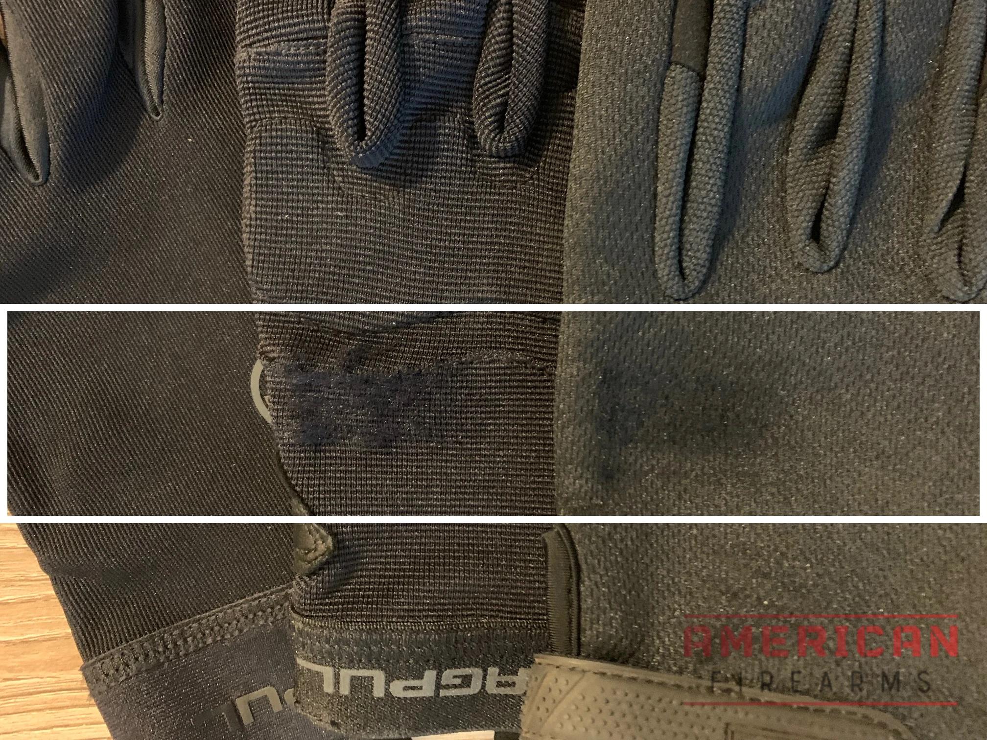 Shooting Glove Velcro Test Results: the Magpul Technical Glove 2.0 (left) had almost no snagging while the Magpul Patrols (center) had the most. The OZEROs (right) were somewhere in the middle. 