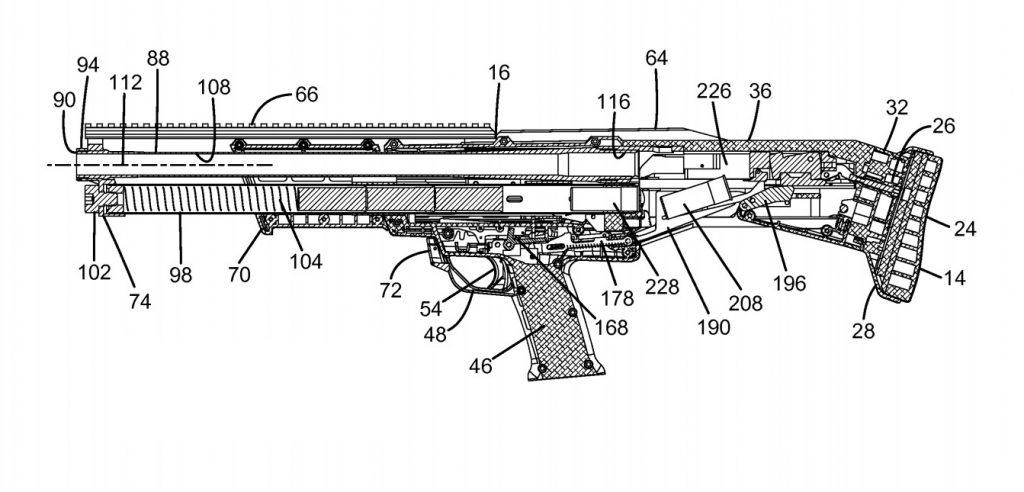 Patent US9115954 for Paul Joseph Corsi and Antony Galazan of the Connecticut Shotgun company, showing the layout and action of what became the DP12 bullpup shotgun.