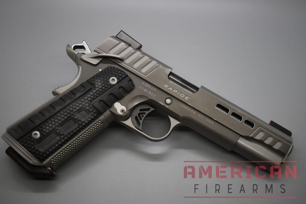 Some manufacturers, like Kimber, enhance different components of the 1911 to improve their utility, such as this custom, v-cut trigger which reduces weight and lightens perceived pull.