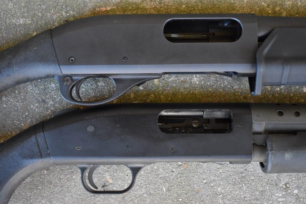 The Remington 870, top, and Mossberg 500, bottom, have a similar layout with each using a bottom-fed, right-side-ejection format with drop-push loading and dual-action arms on the slide, providing a strong and smooth feed with less inadvertent doubles. The 870 has a milled steel receiver while the 500 has a forged aluminum. Note that the 870 has a cross-bolt manual safety button on the trigger guard while the 500 has an ambidextrous push-forward safety on the top of the receiver.