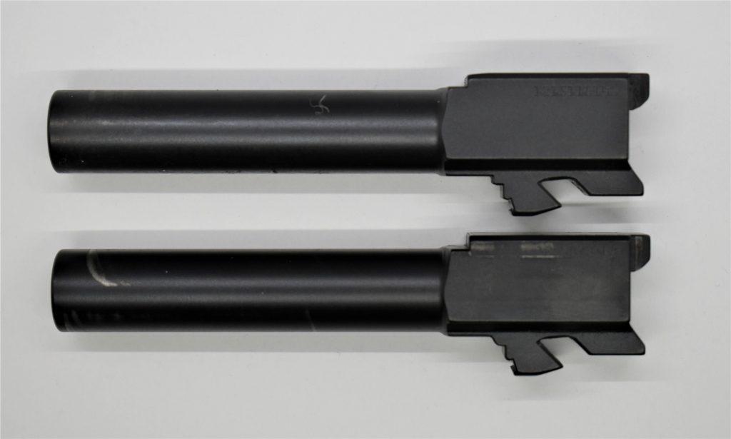 A 20-year-old Glock 19 Gen 3 factory barrel compared to a two-year-old Glock 19 GMB/Gen 5 barrel. While they look identical to the naked eye, the GMB has what Glock bills as "enhanced" rifling, is about .005 inches longer (as is the corresponding G19 Gen 5 slide) and uses a target match crown. While the barrel of a Gen 5 G19 could theoretically be used with an earlier Gen 3 or Gen 4 frame and slide, it could have a funny fit that may prove unreliable. Likewise, a Gen 5 G19 slide will not work on an earlier generation G19 without modification.