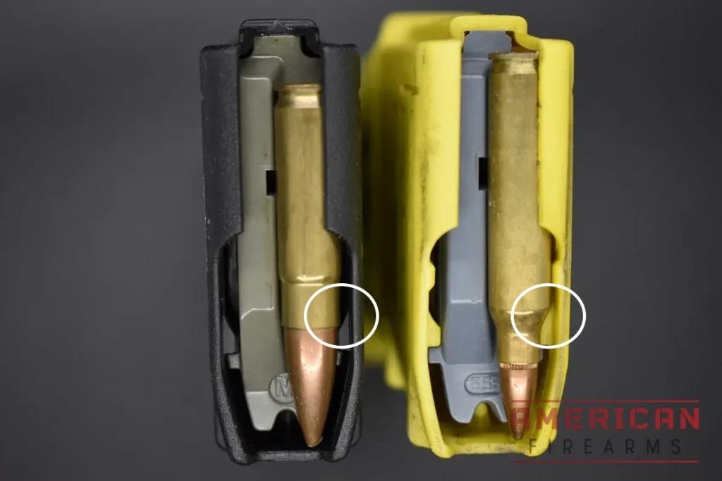 Two AR-15 magazines with the black mag showing off a .300 AAC Blackout and the yellow mag housing a .223 Remington. Highlighted is the .223 mag's internal shoulder rib, which lines up perfectly on the .223 cartridge but can cause some feeding issues with the .300BLK.