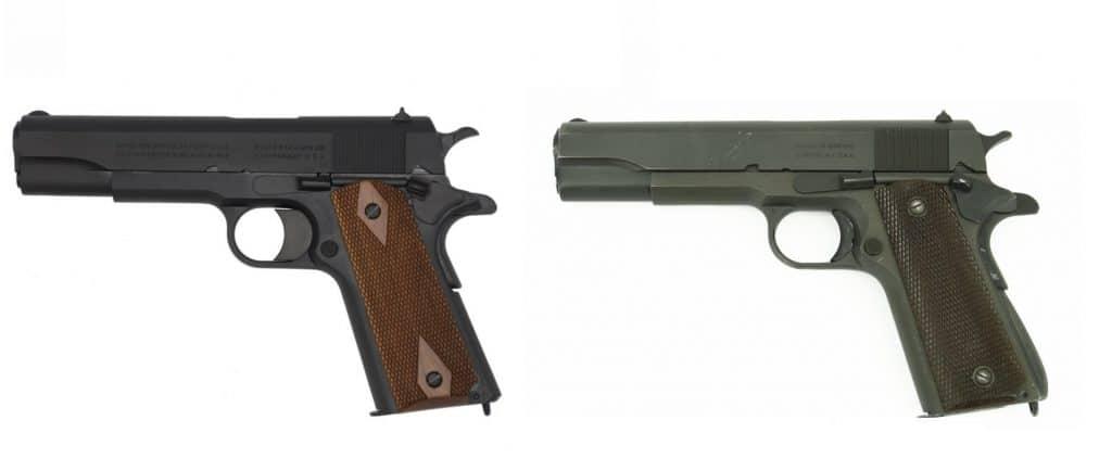 The 1911, left, compared to the 1911A1 standard, right. Notice the differences in the grip, hammer, and trigger. Also, note the wood "double diamond" grips on the earlier 1911 pattern pistol while the M1911A1 has brown plastic panels.