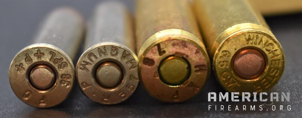 These headstamps denote the rounds, from left to right, as a Federal .38 Special +P+, a Remington .357 Magnum, a Greek military .30-06 load filled in 1970, and a Winchester 6.5mm Creedmoor.