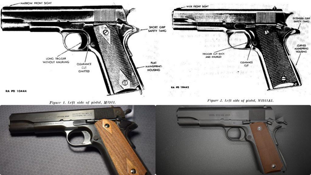 The early M1911 format, note the short beavertail, full trigger guard on a long trigger, and flat mainspring housing at the back of the wood grip (left) compared to the M1911A1, the most common type of 1911 today. Note the latter's extended beavertail, short trigger on a relieved guard, and an arched mainspring housing.