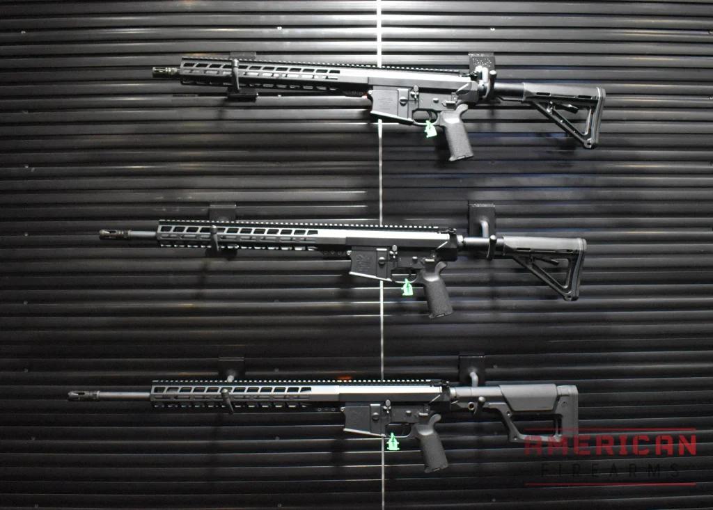 From top to bottom: AM-10 Battle Rifle: 16-inch barrel, Magpul MOE stock. AM-10 Ranger: 18-inch barrel, Magpul MOE stock. AM-10 Marksman XL: 20-inch barrel.