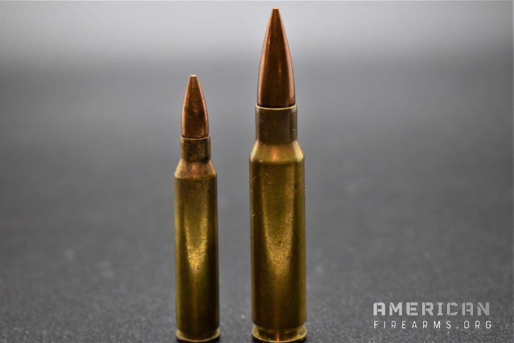 The 5.56 NATO/.223 Remington, left, is popular in AR-15s and modern sporting rifles while the 7.62 NATO/.308 Winchester, right is for AR-10s and classic battle rifles. The 7.62x39mm falls in between the two.