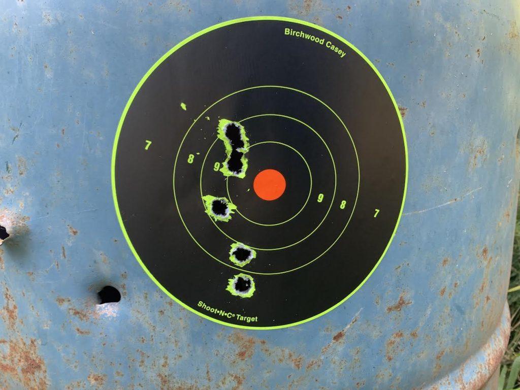 The Glock 22 was on target at 20 yards (after I warmed up to it.)