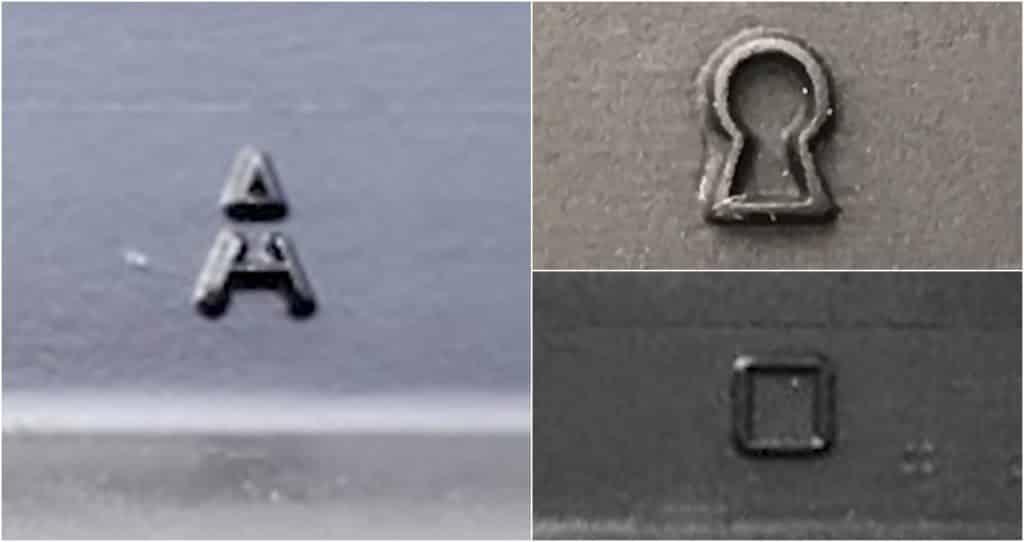 Upper Forge Markings. From left to right: Broken A = Anchor Harvey Aluminum, Keyhole = Cerro Forge. and Square= Brass Aluminum Forging Enterprises