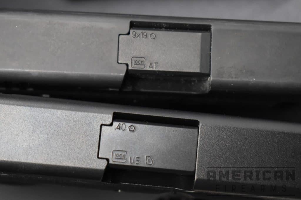 There’s no discernable difference between the ejection ports of these Glocks despite the difference in chambering. All of the difference is in the business end of these cartridges.