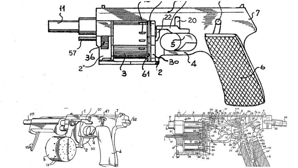 Fig. 1 Ghisoni's 1981 patent drawing for his Mateba MTR8. Note the low, removable cylinder arranged under the frame and an angled grip that looks more akin to a semi-auto target pistol than a revolver.