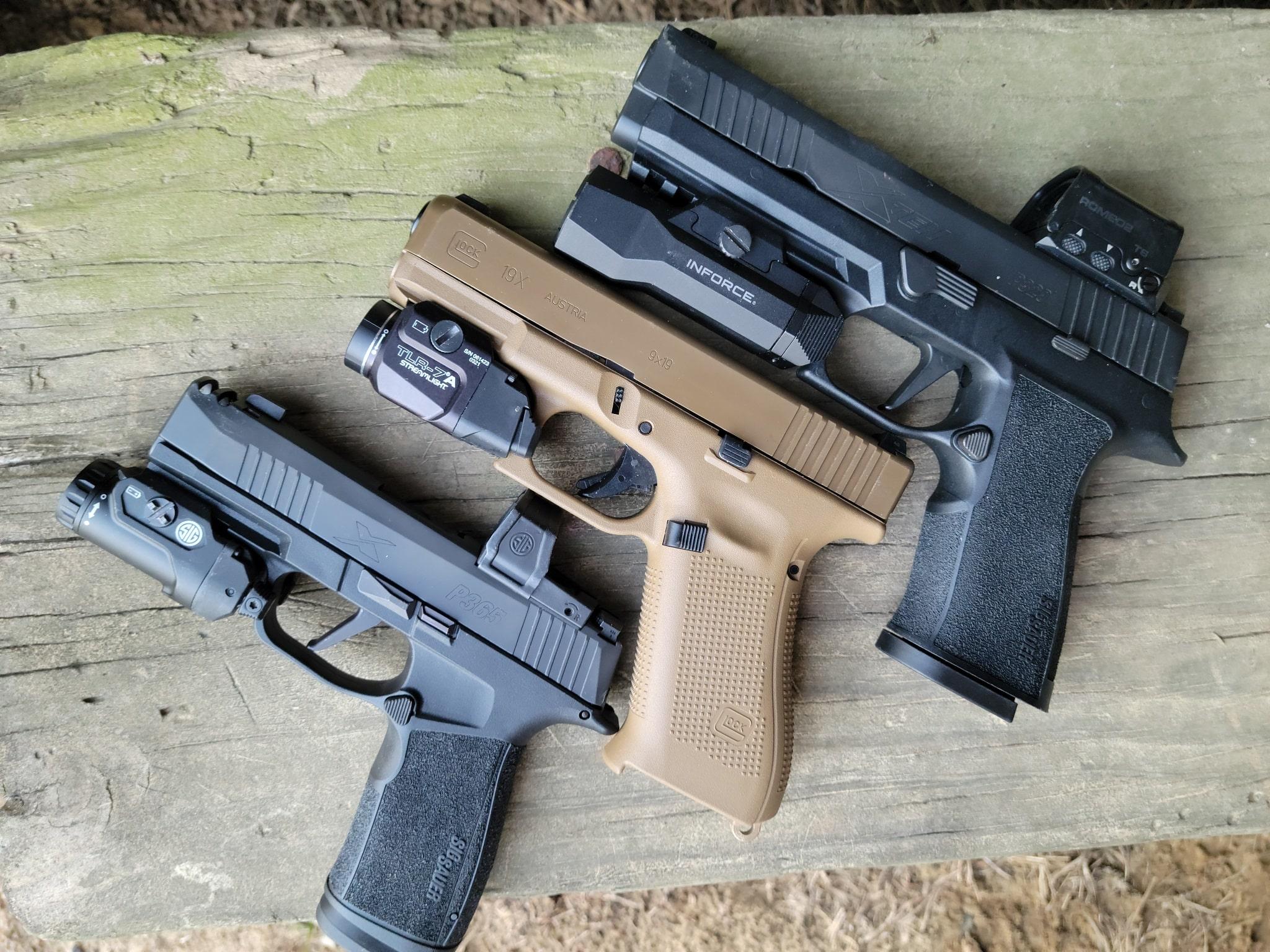 Many pistols offer a full size rail that gives you room for a light, laser, or other accessory and optics cut for adding an MRD.