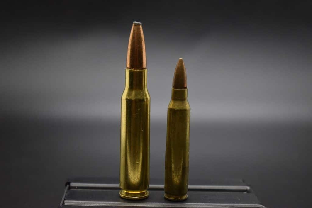 Side-by-side the difference between the .308 and 5.56 rounds is obvious.