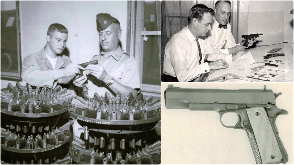 Army inspectors and engineers working on National Match pistols in the 1940s and 1950s. Enhancements included better sights, improved ergonomics, and hand-fitted internals such as a tuned trigger, match barrel, polished feed ramp, and throated chamber.