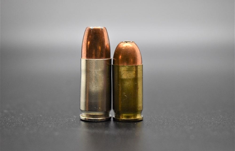 A simple side-by-side of the two rounds makes it clear they share the same diameter but the bullet and case of the .380ACP are considerably shorter than the 9mm.