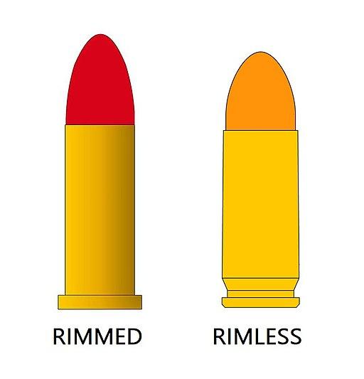 A rimmed cartridge (right) has a slight rim around the base of the cartridge, which complicates mag stacking.