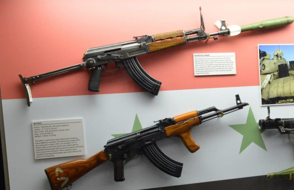 In an example of how widespread the AK has become, these two Kalash captured in Iraq in the first Gulf War include a milled-receiver Yugoslavian-made M70 complete with a rifle grenade and a stamped- receiver Romanian PM md. 63/65. The Iraqis also made their own AKs as well.