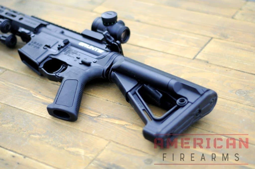 The Magpul STR rifle stock gives you more width, a  shielded operation lever and supplemental friction locking system prevent accidental operation, and storage for a few small items.