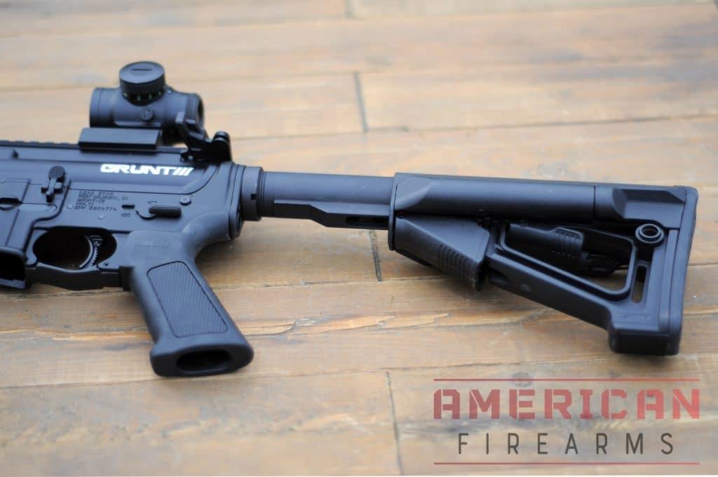 The STR fully extended. Worth noting, the wider frame makes accessing the retnetion pin mroe fo a challenge than slimmer buttstocks, making swapping the STR more of an ordeal.