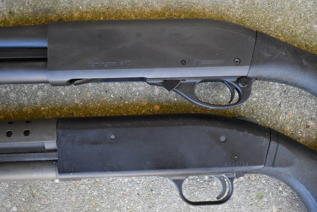 Both shotguns have a slide release oriented on the left-hand side of the trigger guard with the 870's being forward of the guard in a rock-in arrangement while the 500 is to the rear of the guard in a more push-up format. The trigger plate pins that penetrate both sides of the receiver are easily punched out for replacement in conjunction with aftermarket side-saddle shell carriers.