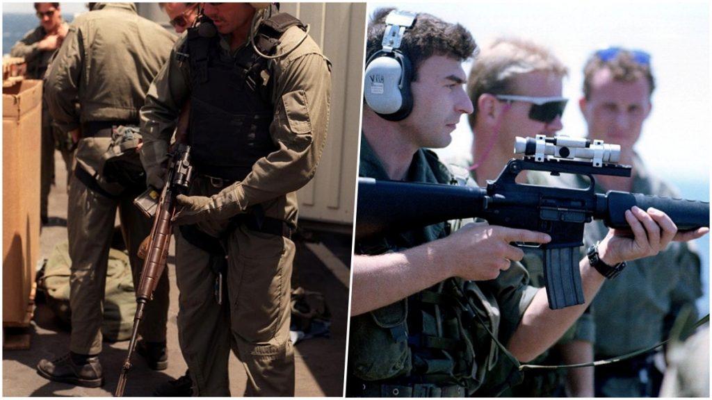 Figure 1. Navy SEALs of the early 1990s had two options for an accurate rifle, either a variant of the M16 in 5.56 NATO with a first-generation AimPoint 3000 red dot on a carrying-handle mount or an updated Vietnam-era National Match M14 rifle in 7.62 NATO with a Redfield/ART system. The Recce rifle was supposed to split the difference. (National Archives Photos)