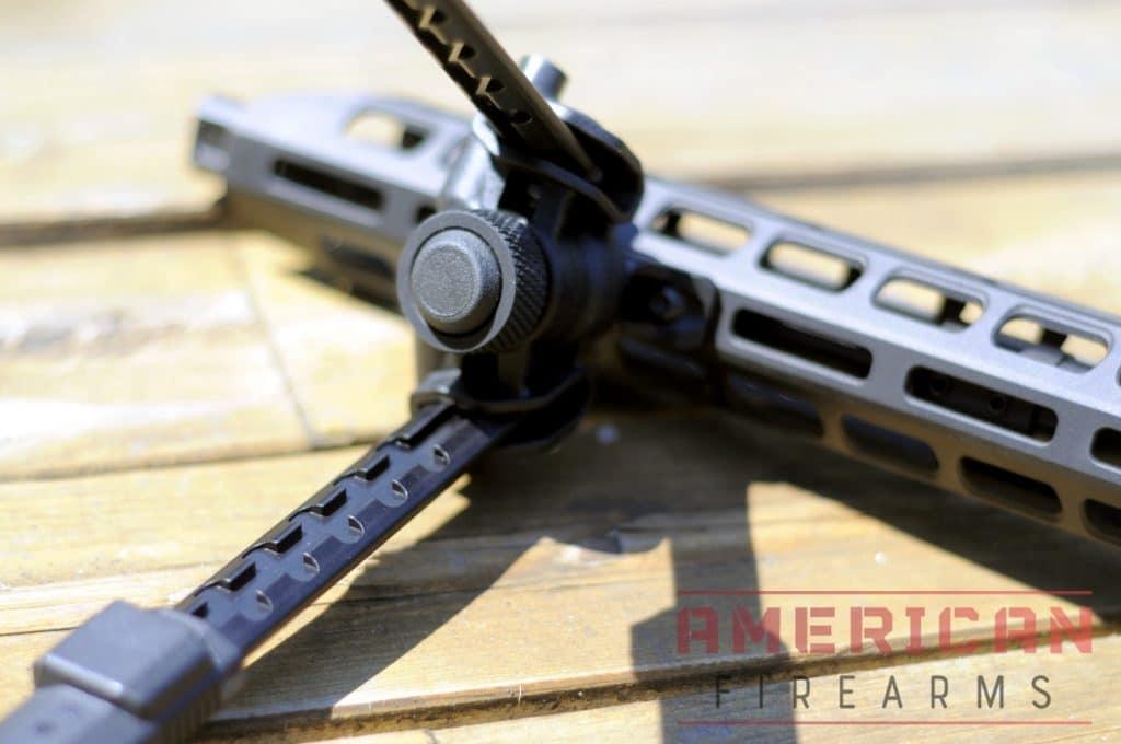 Here you can see the knurled tool-less bipod locking knob and half-inch spaced locking leg extension detents. These offer a ton of precision and make finding your personal sweet spot a cinch.