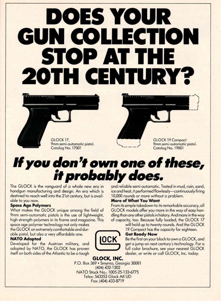 Glock ad for 1989, comparing the four-year-old Glock 17 and the brand-new Glock 19.