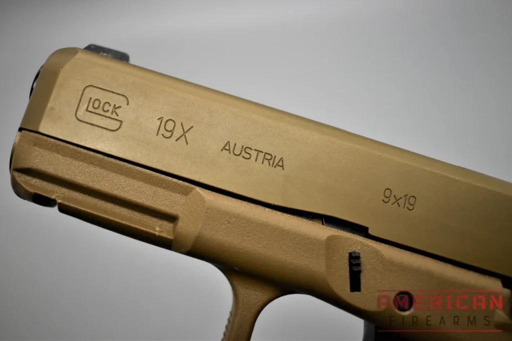 The Glock 19X slide front is just like any other Gen5 slide, except for the Coyote finish and abesnse of forward slide serrations.