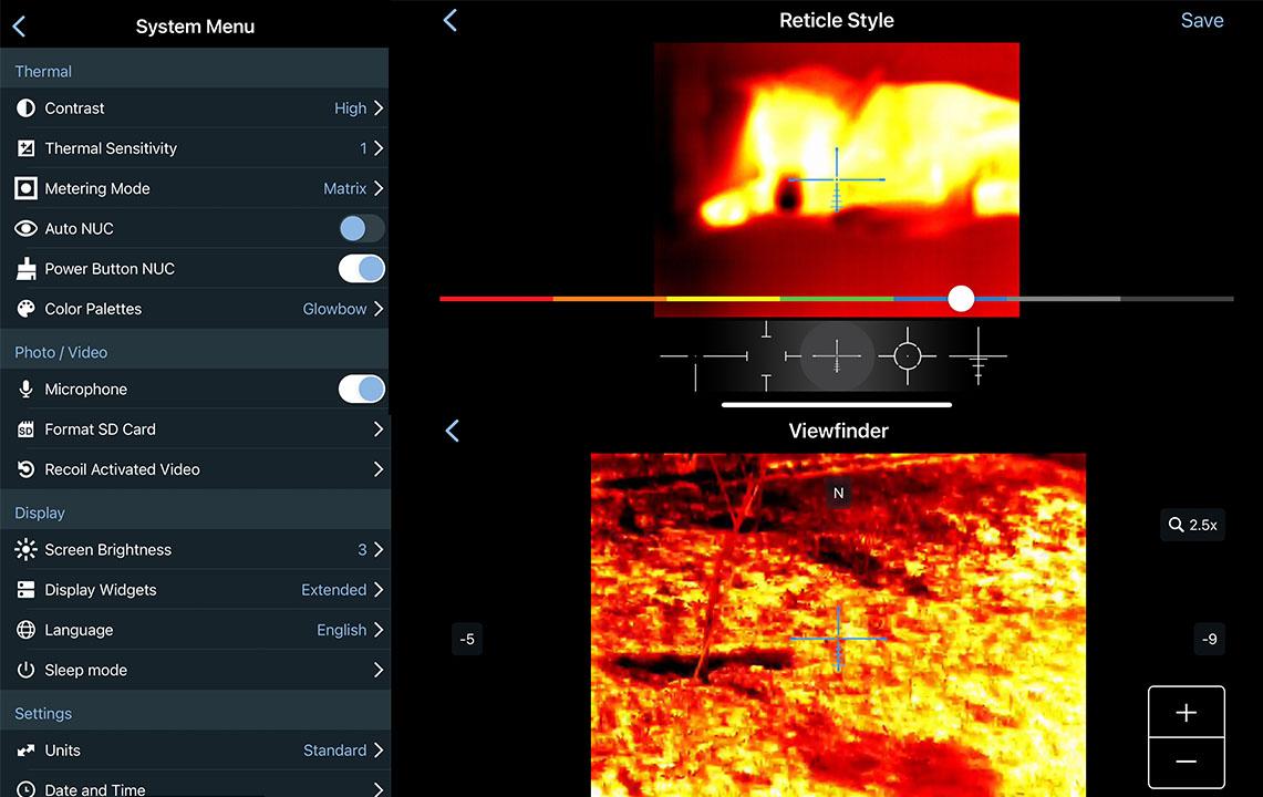 Images from the Obsidian app, settings page left, reticle selection upper right, viewfinder bottom right