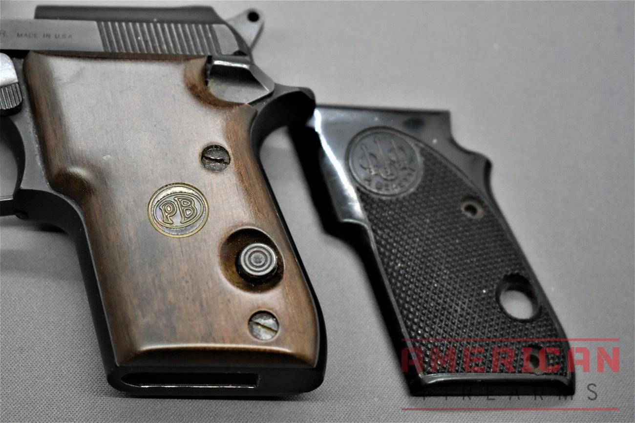 Comparing the factory plastic grips of the Beretta Bobcat to the larger wooden ones. The plastic grips are have a textured surface for a secure hold, while the wooden ones have a smoother surface but add width.