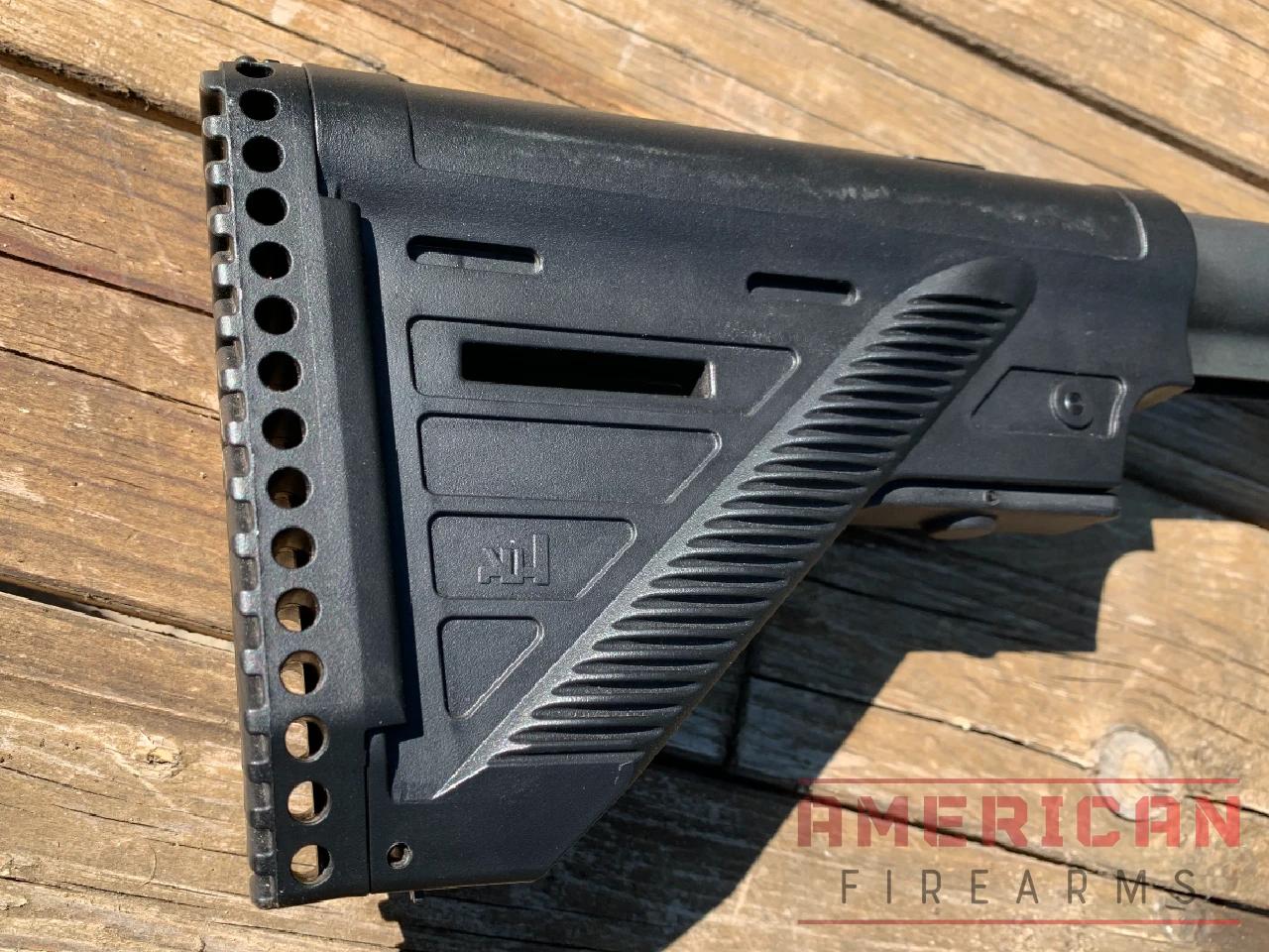 The boot-shaped buttstock is adjustable and totally polymer.
