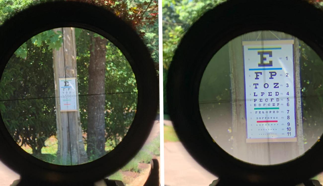 4x magnification on the left, 12x on the right. This is standard eye chart from 35 yards.
