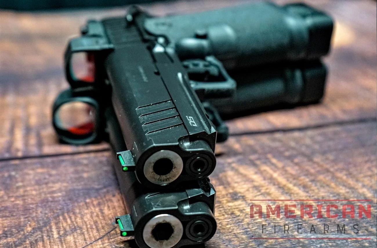 Stacking the 4.25 and 5-inch Prodigy pistols gives you a sense of the barrel length difference.