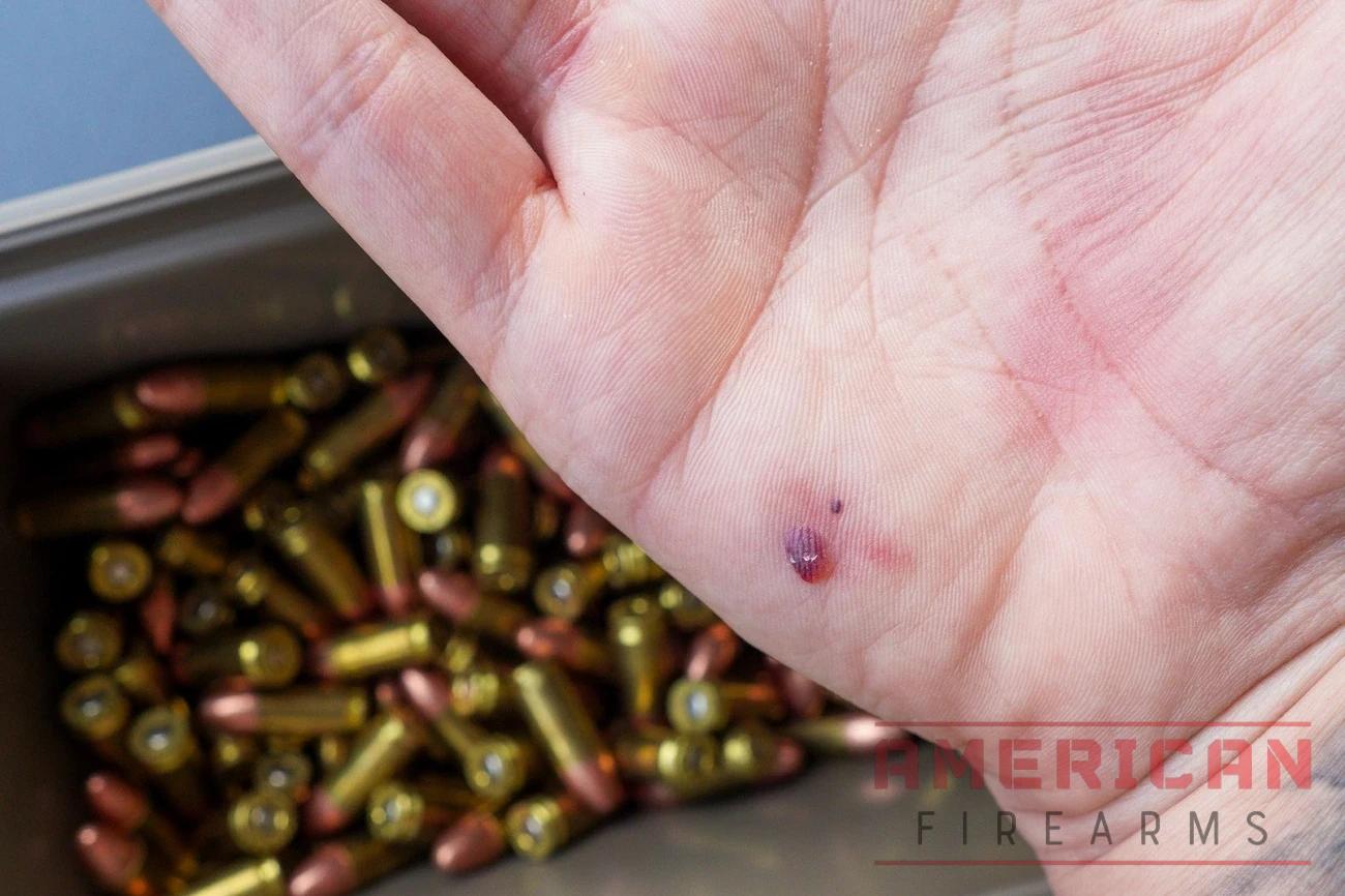 Swapping my P-10 S mags for longer CZ P01 sticks helped with shot placement, but 300 rounds later had worn a blood blister into my hand.